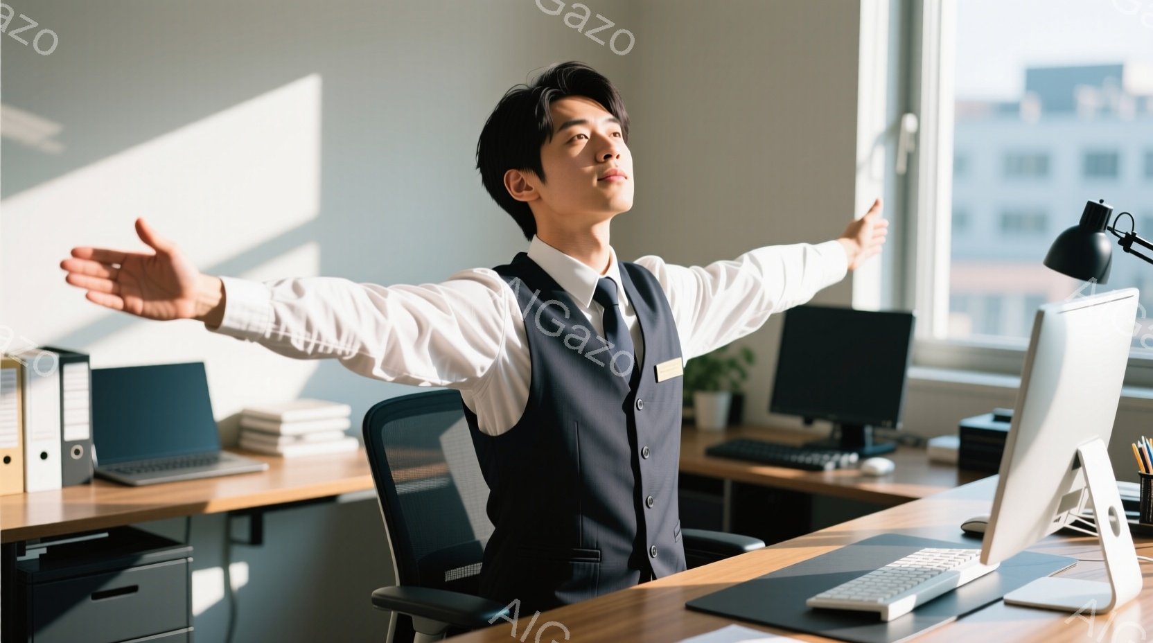 紺色のベストと白いシャツ、黒いズボンを着用した男性が、オフィスで両手を広げてリラックスした姿勢をとっています。彼は少し顔を上げ、満足そうな表情を浮かべており、背景にはデスクやパソコン、書類などが並んでいます。窓からは自然光が差し込み、明るく開放的な雰囲気です。