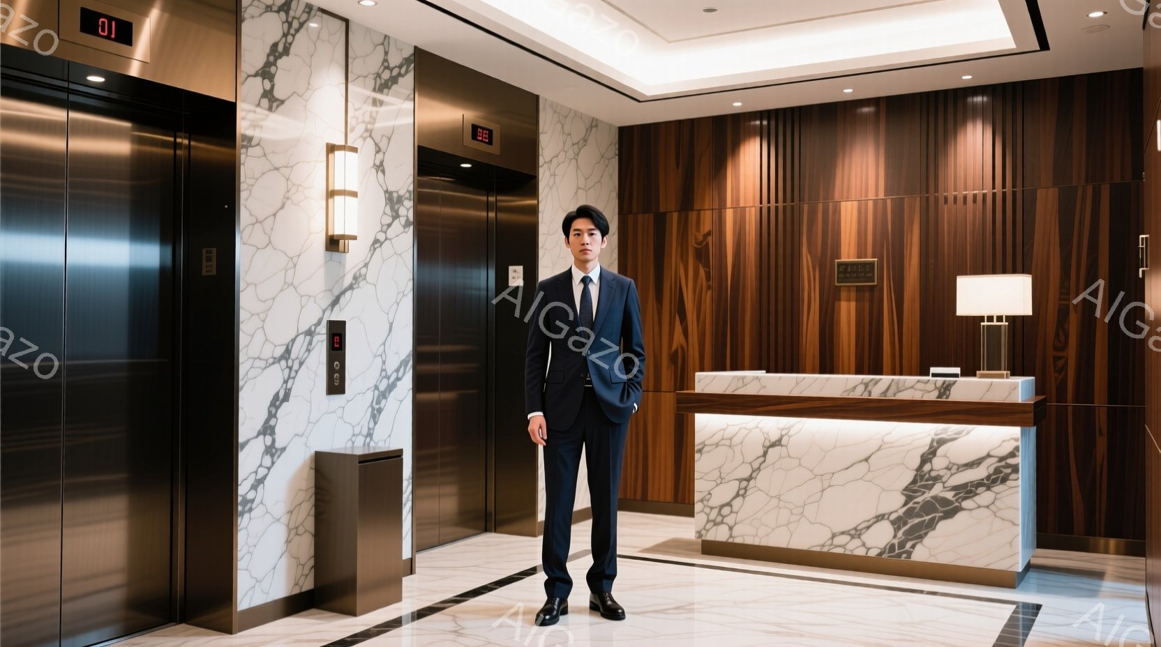 スーツを着た男性が、大理石の受付カウンターの前で立っている。彼は黒い髪を短く整え、落ち着いた表情をしている。背景には木目調の壁とエレベーター、そして光沢のある床があり、高級感のあるホテルのロビーの雰囲気が出ている。
