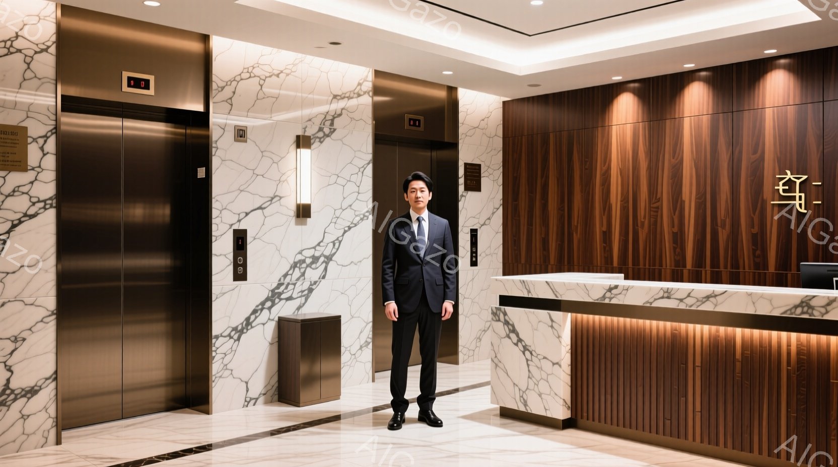 スーツに身を包んだ男性が、大理石調の壁と木目調の受付カウンターが並ぶホテルのロビーに立っている。彼は正面を向き、やや緊張した表情で、きちんとした姿勢を保っている。背景にはエレベーターと間接照明があり、 - AI生成フリー素材