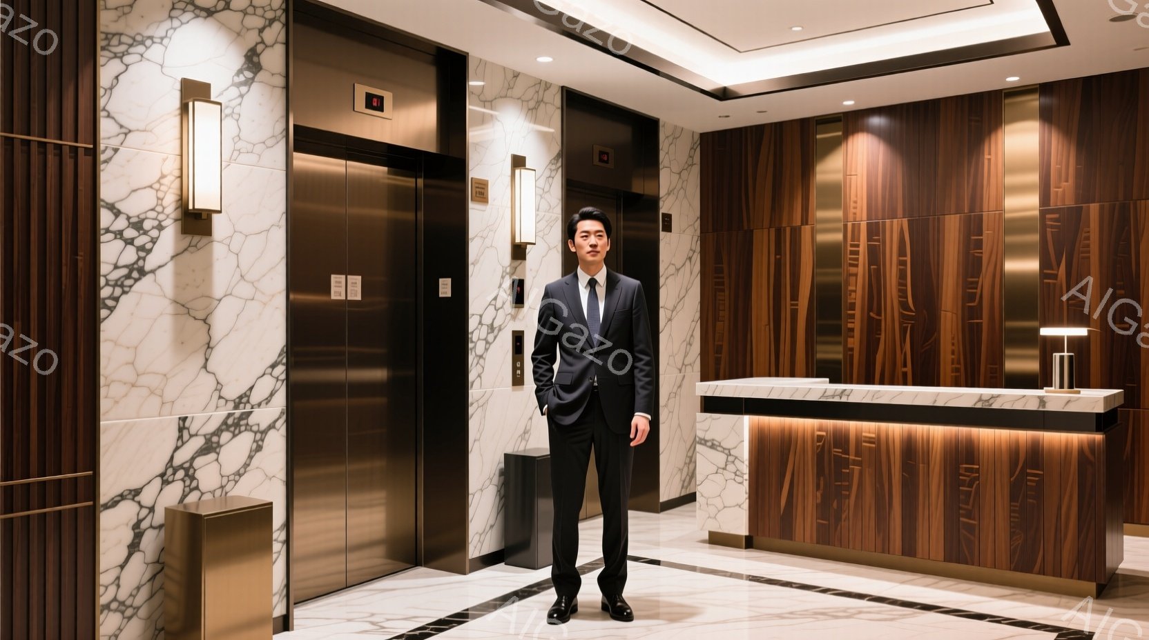 黒いスーツとネクタイを着用した男性が、大理石模様の壁と木製の受付カウンターを背景に立っている。彼は姿勢を正し、落ち着いた表情で正面を見ている。背景は高級感のあるホテルのロビーのような空間で、落ち着いた - AI生成フリー素材