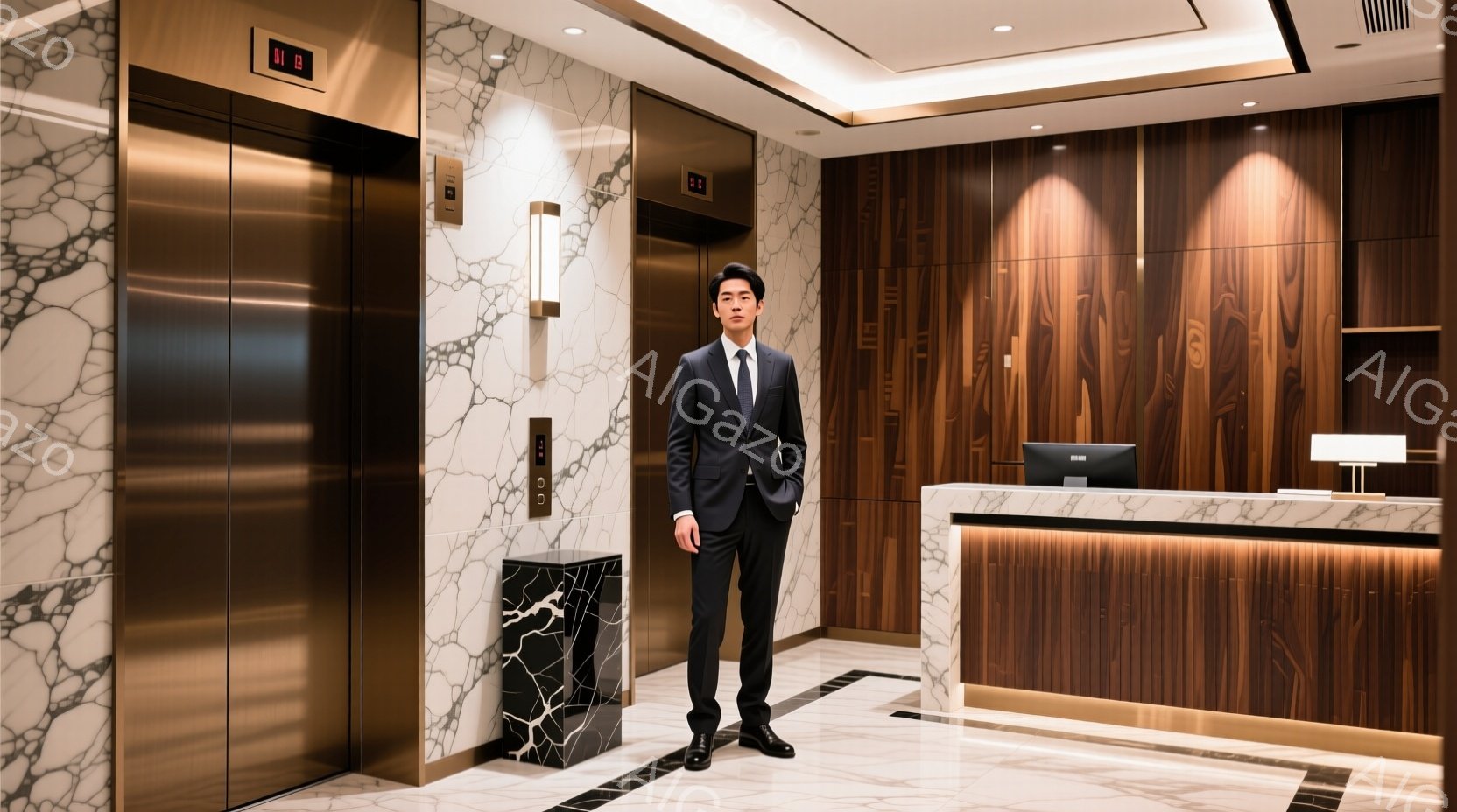 スーツを着た男性が、高級感のあるホテルのロビーに立っている。彼は黒のスーツ、白いシャツ、ネクタイを着用し、整髪されており、落ち着いた表情で正面を見ている。背景には、大理石の壁と木製の受付カウンターがあ - AI生成フリー素材