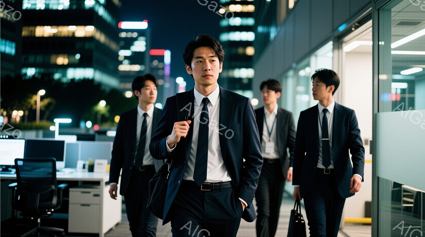 スーツを着た男性たちがオフィス内を歩いている。先頭の男性はカメラに向かって少し上目遣いで、自信に満ちた表情を見せている。背景には高層ビル群が見え、夜間であることを示唆し、全体的に真剣でプロフェッショナ - AI生成フリー素材