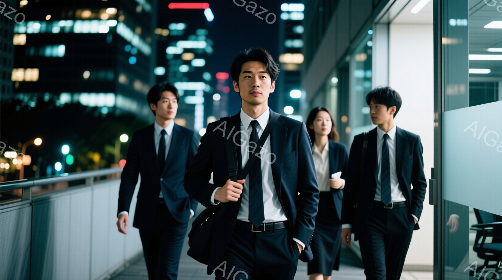 スーツ姿のビジネスパーソンたちが、夜の街並みを背景に歩いている様子が写っている。彼らは皆、黒いスーツにネクタイを締め、真剣な表情で前を見据えている。背景には高層ビル群がぼやけ、夜の都会的な雰囲気を醸し - AI生成フリー素材