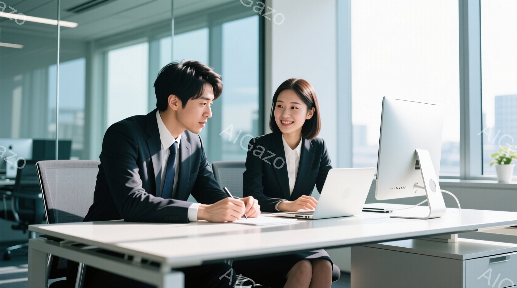 ビジネススーツを着た若い男女がオフィスでパソコンに向かい合って座っている。男性はネクタイを締め、書類にペンで書き込み、女性は笑顔でパソコンの画面を見ている。背景には近代的なオフィス空間と窓から見える高 - AI生成フリー素材