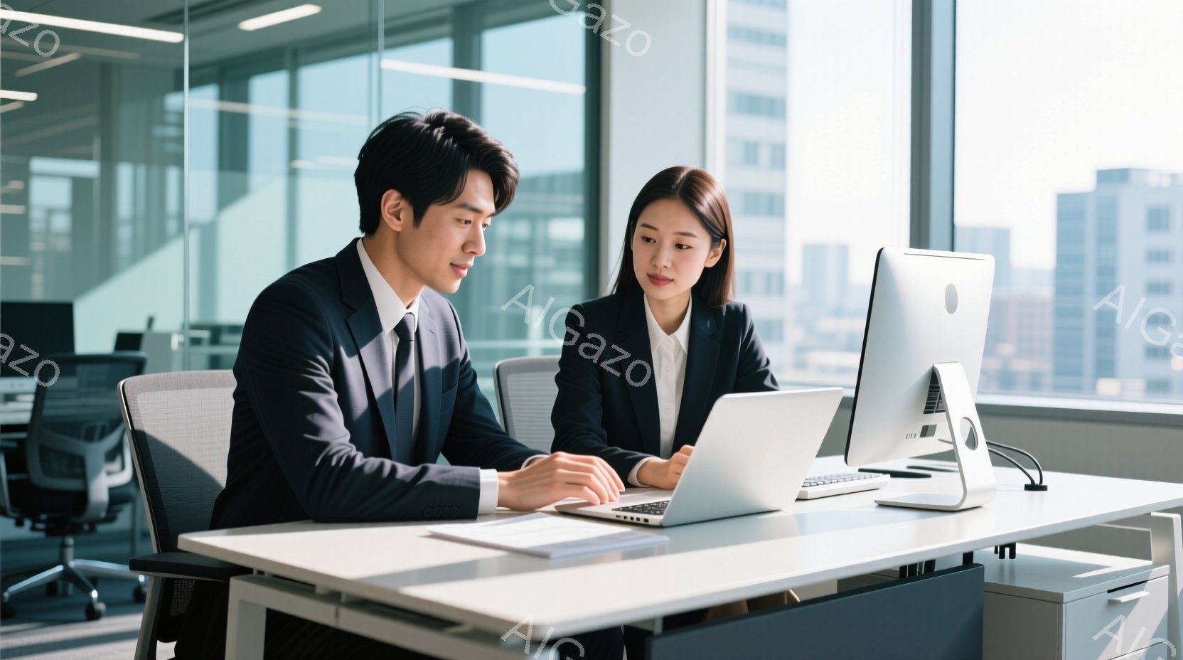 ビジネススーツを着た若い男女が、明るいオフィスでパソコンの画面を見ながら仕事をしている様子が写っている。男性はパソコンを操作しており、女性は少し顎を下げてパソコン画面を注視している。背景には高層ビル群 - AI生成フリー素材