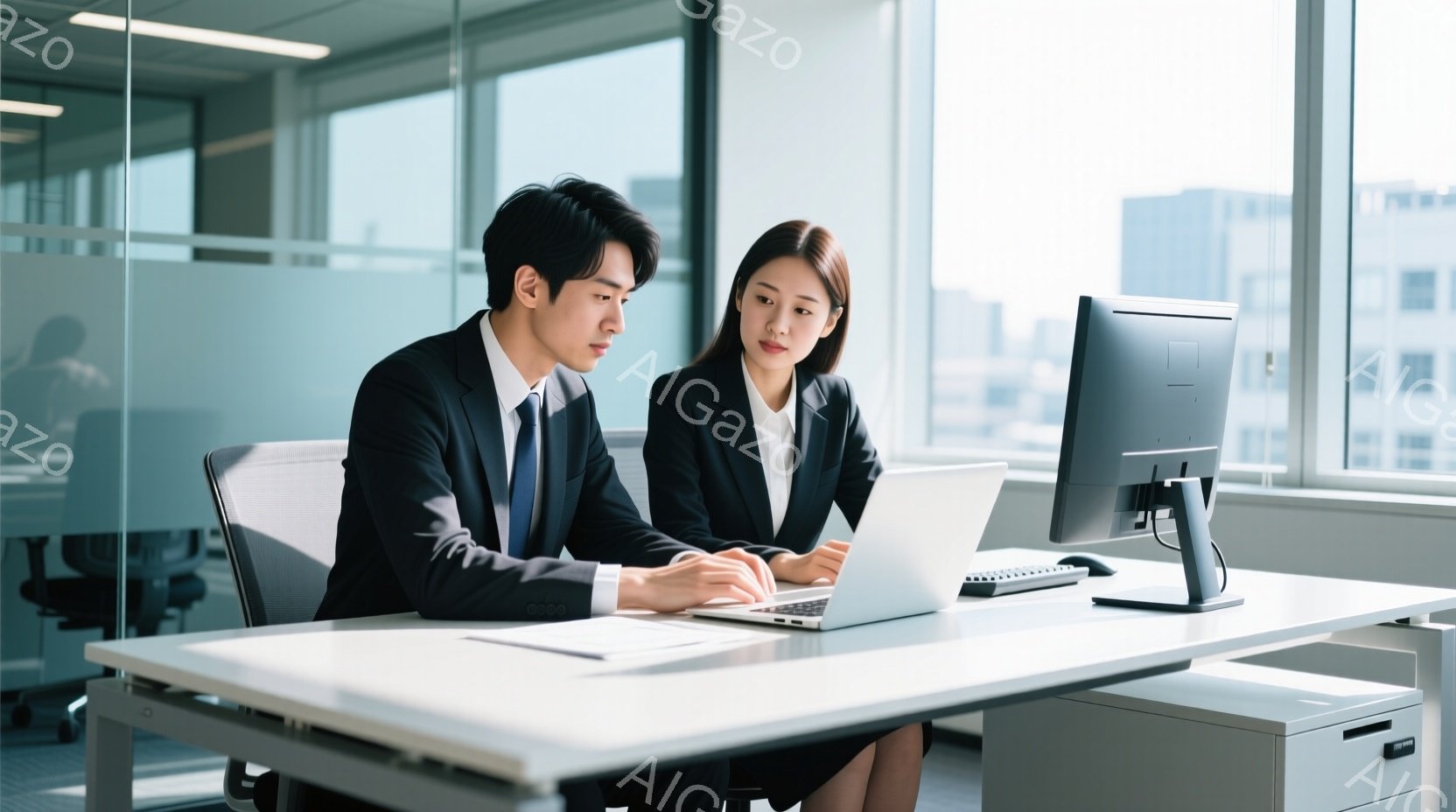 ビジネスシーンを捉えた写真で、一人の男性と一人の女性がオフィスでパソコンに向かっています。男性は黒いスーツにネクタイを締め、短髪で、真剣な表情でパソコン画面を見ています。女性も黒いスーツを着ており、髪 - AI生成フリー素材