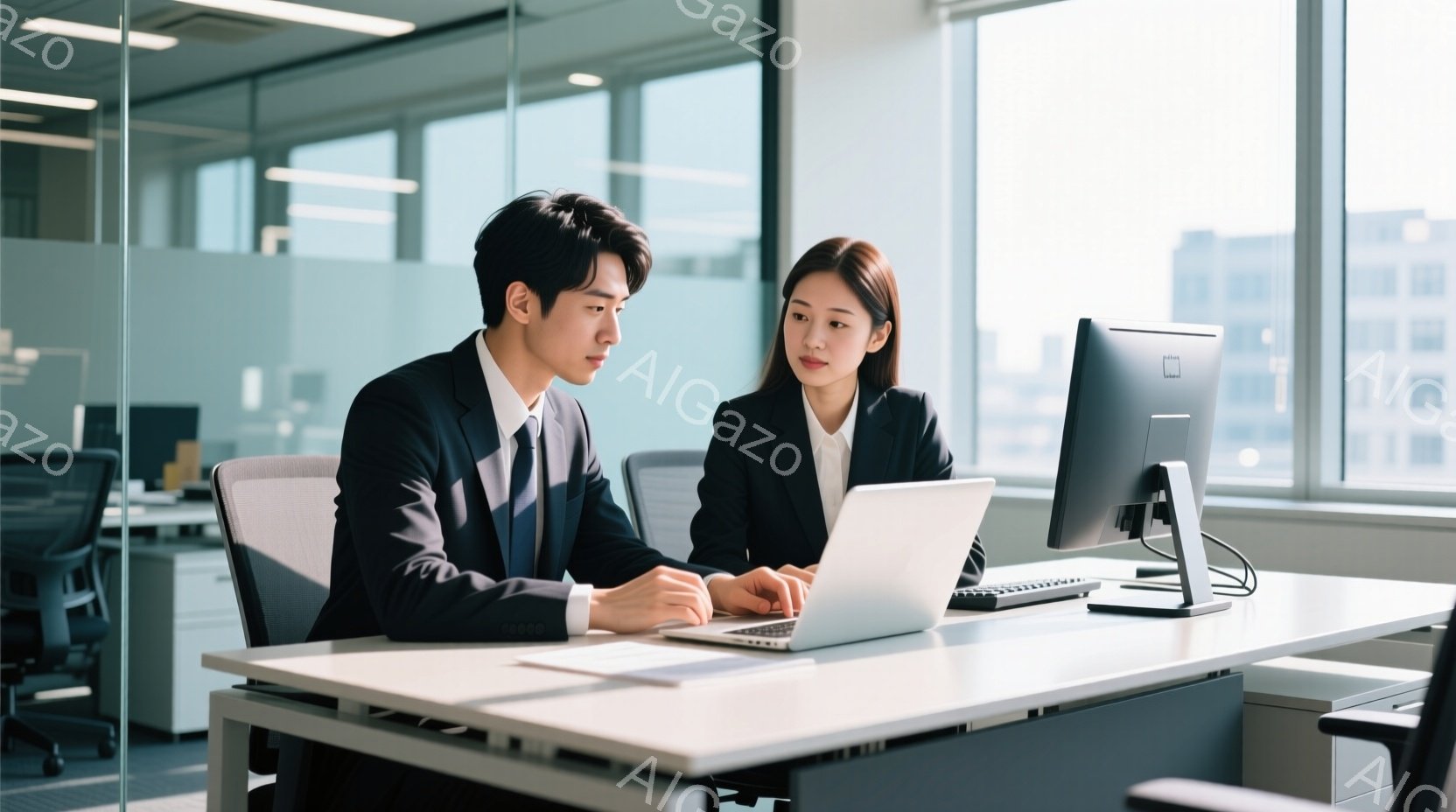 スーツを着た若い男性と女性がオフィスでパソコンを見ながら話しています。男性は黒髪で、真剣な表情でキーボードを操作しており、女性はロングヘアで、やや考え込むような表情で画面を見つめています。背景にはオフ - AI生成フリー素材