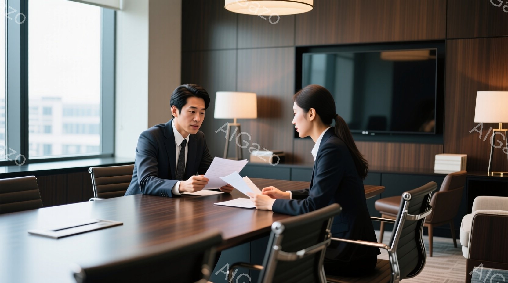 ビジネススーツを着た二人の人物が、広い会議室のテーブルを挟んで向き合って座っています。男性は書類を見ながら何かを説明している様子で、女性は真剣な表情でそれを聞いています。背景には大きな窓があり、外の景 - AI生成フリー素材