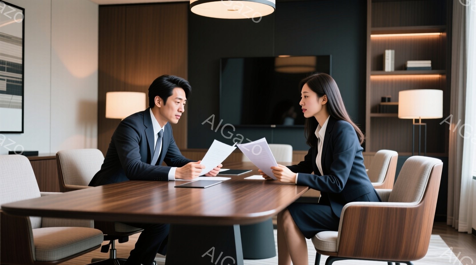ビジネススーツを着た男性と女性が、木のテーブルを挟んで向かい合って座り、書類を手に持っている。二人は真剣な表情で書類を見つめており、ビジネスミーティングや面接の場面のようだ。背景には、木製のキャビネッ - AI生成フリー素材