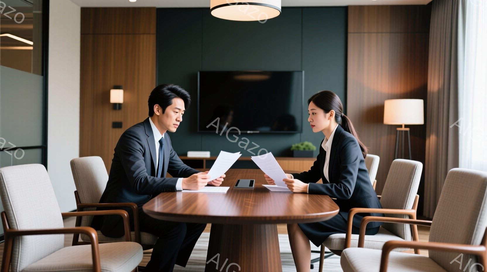 紺色のスーツを着た男性と女性が、円卓を挟んで向かい合って座り、書類を手に持っています。二人は真剣な表情で書類を見つめており、ビジネスシーンを連想させます。背景には、木目調の壁とテレビ、そして間接照明が - AI生成フリー素材