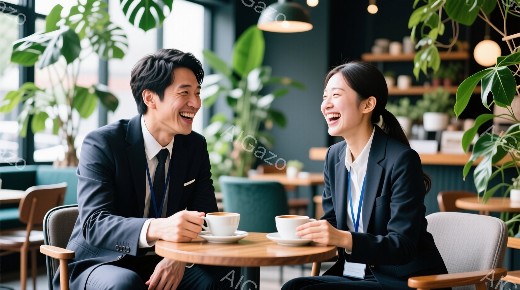 ビジネススーツを着た男女が、コーヒーを飲みながら向かい合って笑顔で話しています。男性は黒髪で、女性はポニーテールにしており、共にネクタイまたは襟元から身分証明書が見えます。背景には緑豊かな植物が配置さ - AI生成フリー素材