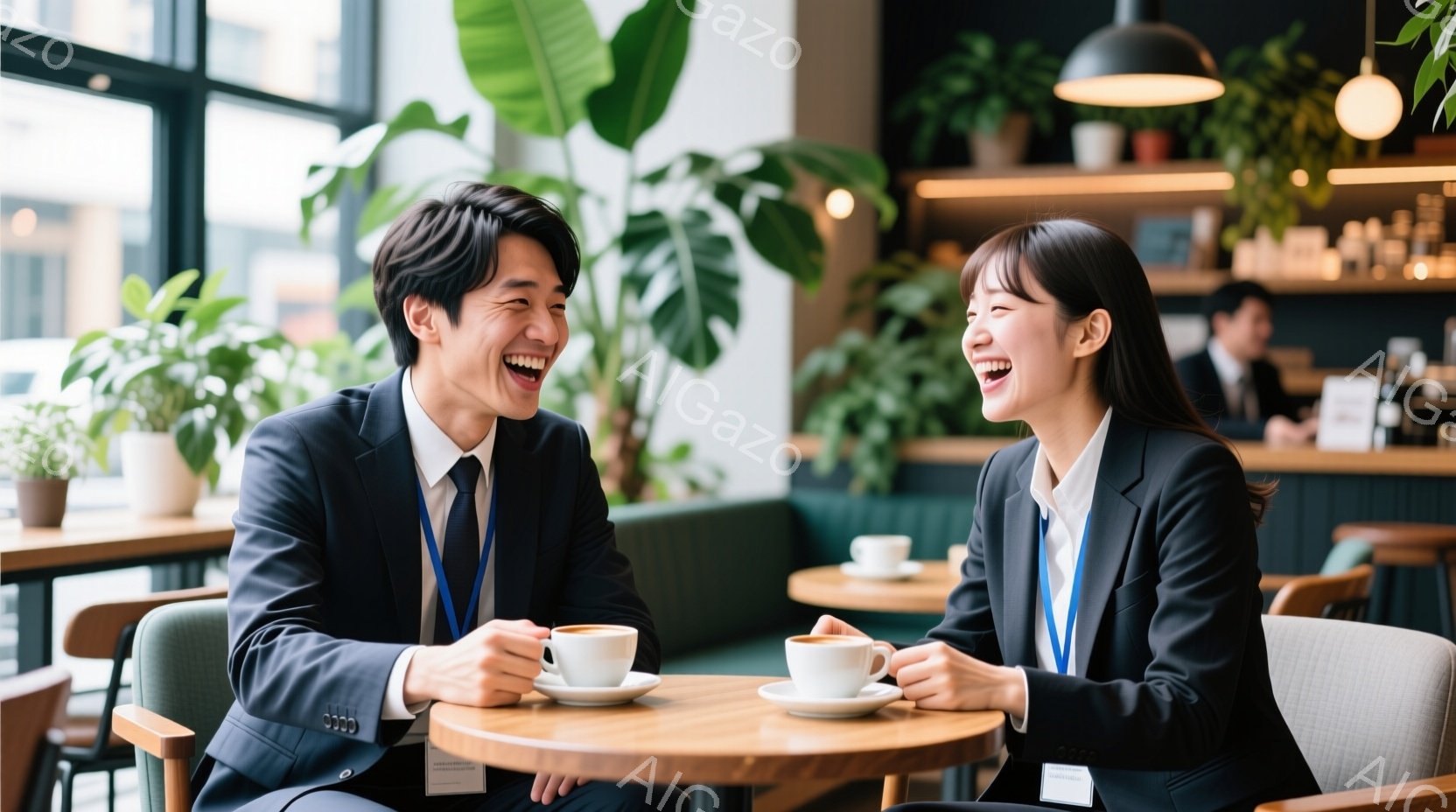 二人のビジネスマンとビジネスウーマンが円卓でコーヒーを飲みながら、満面の笑顔で互いを見つめ合っている。彼らはそれぞれ紺色のスーツに白いシャツ、ネクタイまたはリボンを着用し、身につけたIDカードから、何らかのイベントか会議に参加している様子が窺える。背景には木製の棚と観葉植物が配置され、カフェの明るく快適な雰囲気を醸し出している。