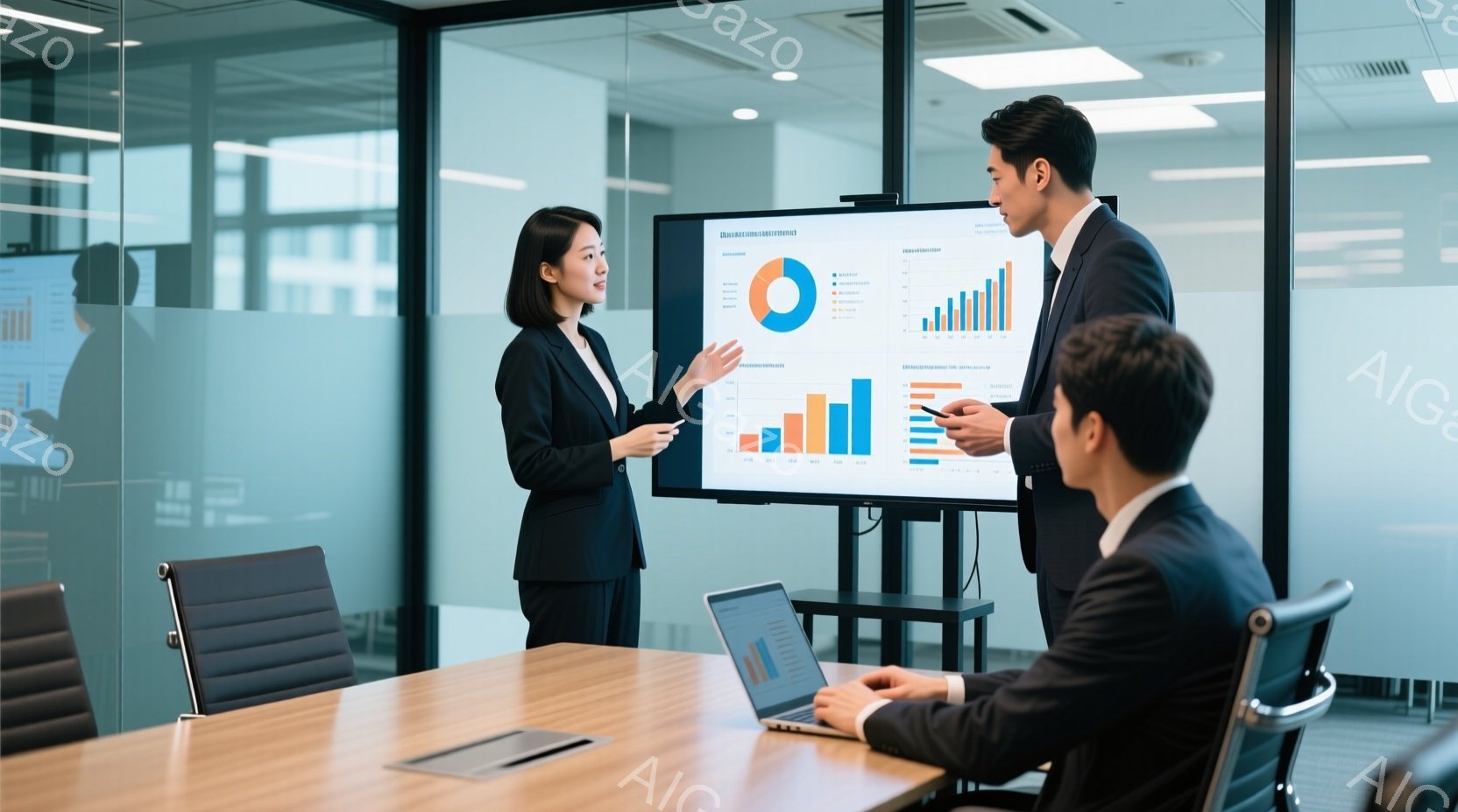 エプロンをつけた男女のバリスタがカフェのカウンターに立っています。彼らはそれぞれ白いシャツを着ており、男性は笑顔で女性を見つめ、女性はカップを手に微笑んでいます。背景には、木製の棚に並んだコーヒー器具や植物があり、温かくて親しみやすいカフェの雰囲気が漂っています。