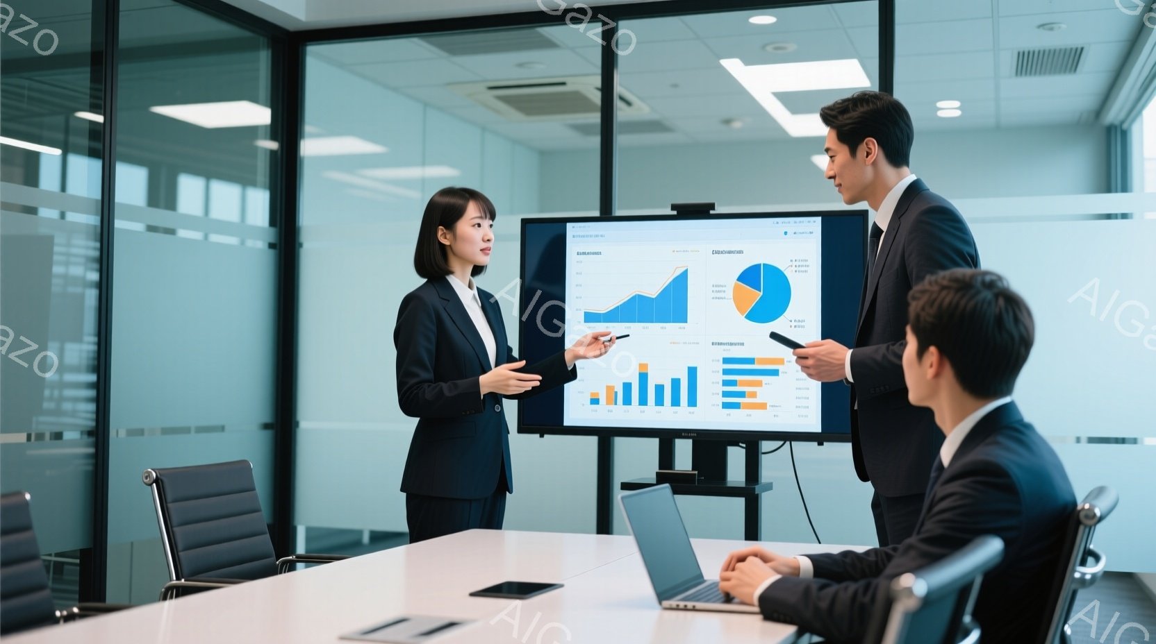 室内には、女性と男性のビジネスパーソンがおり、女性は黒いスーツを着て、髪を後ろにまとめています。彼女はプレゼンテーションを行い、指で大きなスクリーン上のグラフを指し示しています。男性も黒いスーツを着て - AI生成フリー素材