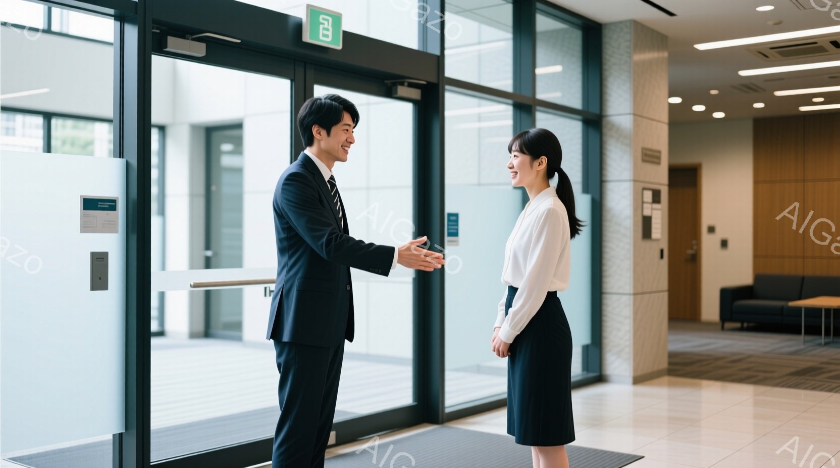ビジネスマンと女性が握手をしています。ビジネスマンは黒いスーツにネクタイ、女性は白いブラウスと黒いスカートを着ており、共に笑顔で向かい合っています。背景は近代的な建物の入り口で、明るく清潔な印象を与え - AI生成フリー素材
