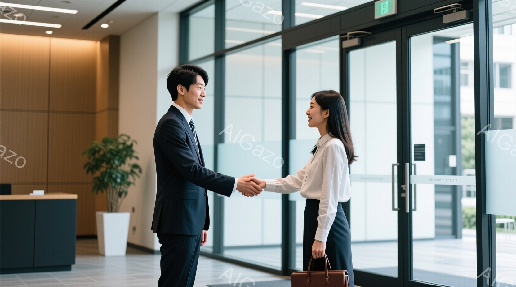 ビジネスシーンを彷彿とさせる画像で、一人の男性と女性が握手をしています。男性はダークスーツにネクタイ、女性は白いブラウスと黒いスカート姿で、共にフォーマルな服装です。背景はガラス張りのエントランスで、観葉植物が配置され、清潔感と落ち着いた雰囲気を醸し出しています。