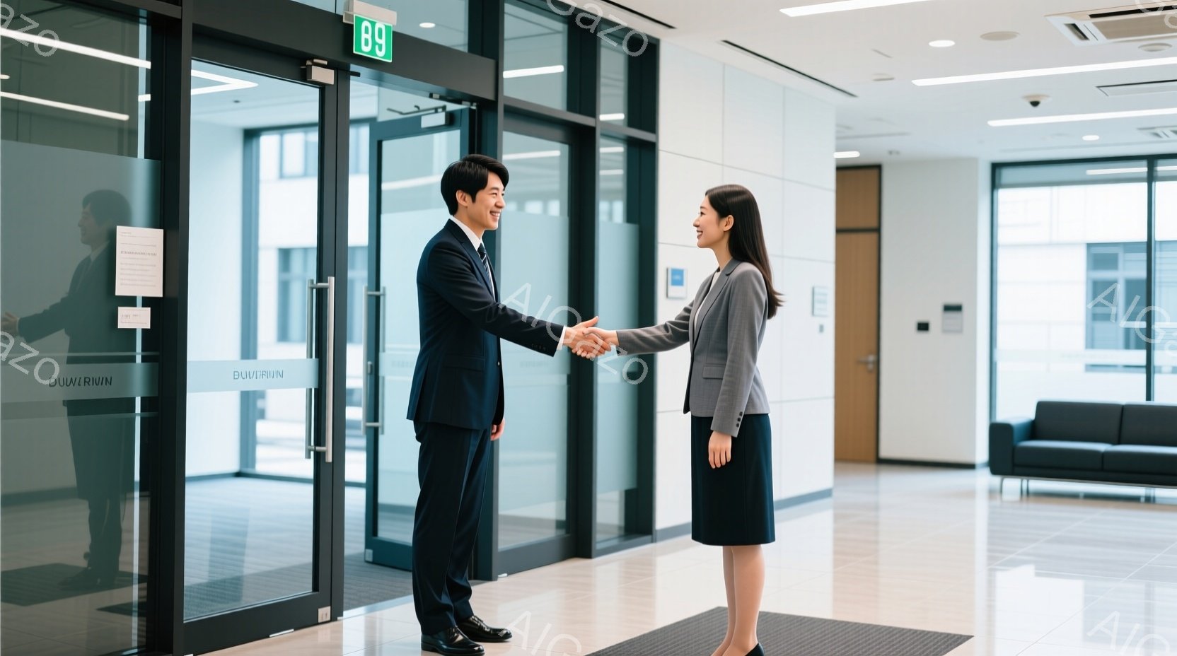 ビジネスシーンを捉えた写真で、一人の男性と一人の女性が握手をしています。男性はダークカラーのスーツに赤いネクタイ、女性はグレーのスーツに黒いスカートを着用し、どちらも髪型は整えられ、笑顔で相手を見つめ - AI生成フリー素材