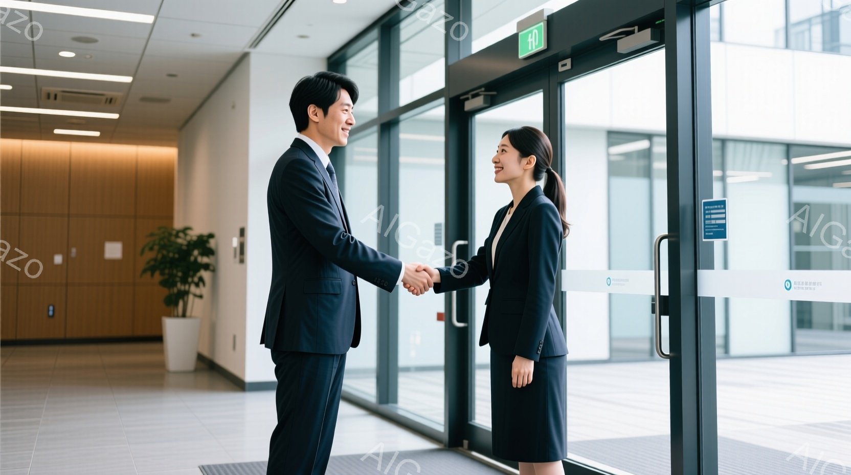 ビジネススーツを着た男女が握手をしています。男性は黒髪で、笑顔を見せており、女性もまた黒髪で、穏やかな表情を浮かべています。背景はガラス張りの入り口と廊下で、清潔感があり、プロフェッショナルな雰囲気が漂っています。