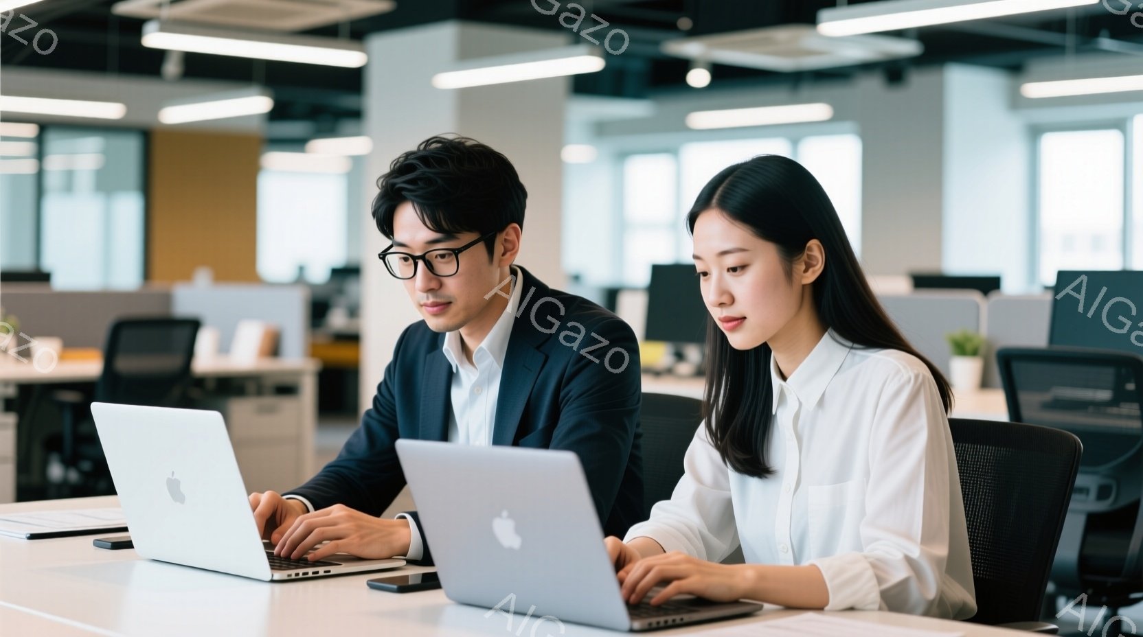 オフィスでノートパソコンを使用している若い男性と女性が写っています。男性は紺色のジャケットと白いシャツを着ており、黒縁メガネをかけています。女性は白いブラウスを着て髪をストレートに下ろしており、二人と - AI生成フリー素材