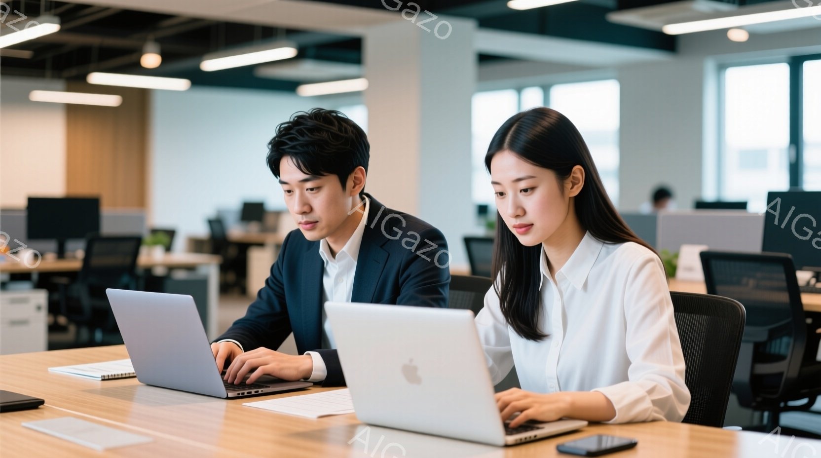 オフィスで働く若い男女が写っている。男性は紺色のスーツに白いシャツを着ており、女性は白いブラウスを着ている。二人はノートパソコンに向かい、真剣な表情で作業をしている。 - AI生成フリー素材