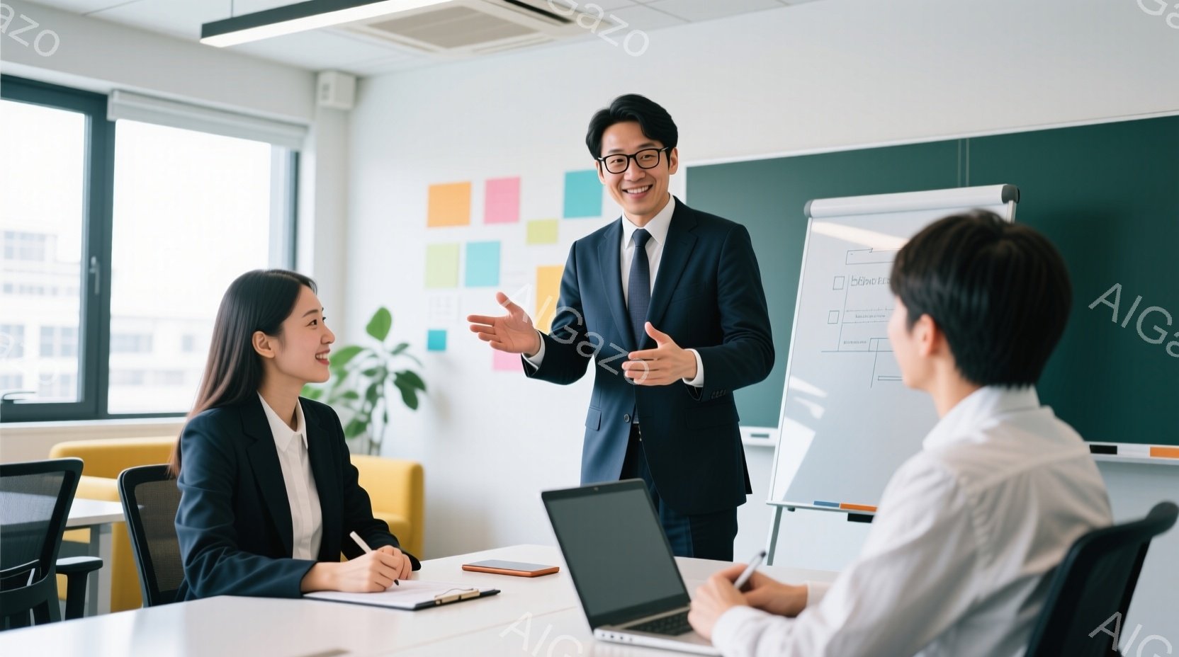 明るいオフィス空間で、一人の男性がプレゼンテーションを行っています。彼は黒いスーツにネクタイ姿で、両手を広げて何かを説明している様子で、表情は明るく活発です。テーブルを挟んで向かい合っている女性は黒い - AI生成フリー素材