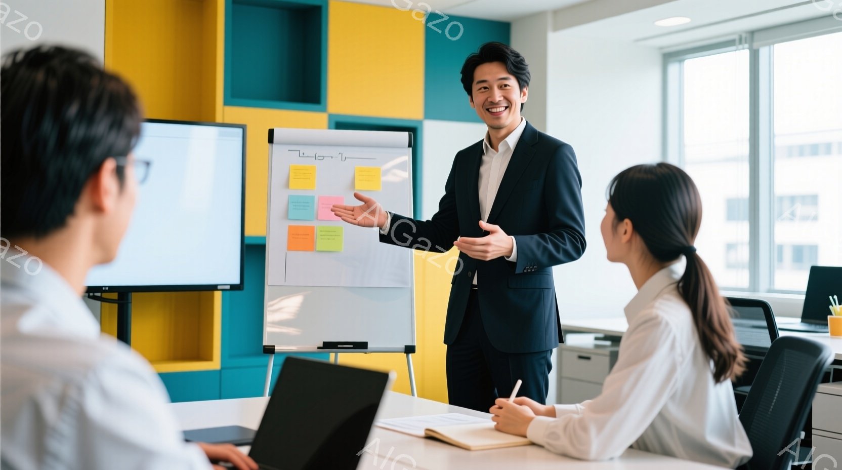 紺色のスーツを着た男性が、ホワイトボードの前で両手を広げ、何かを説明しています。彼は笑顔で自信に満ちた表情をしています。背景には、ノートパソコンを開いて作業している女性がおり、モダンなオフィス空間が広 - AI生成フリー素材