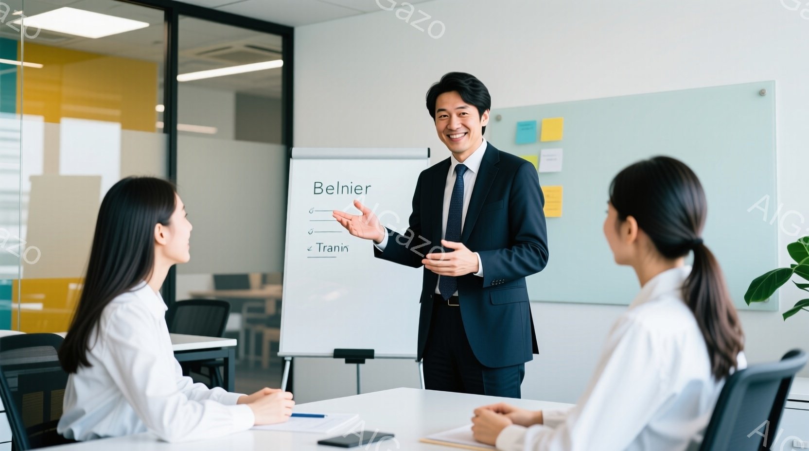 部屋の中で、一人の男性がホワイトボードの前でプレゼンテーションをしている。彼は紺色のスーツにネクタイを締め、笑顔で何かを説明しているようだ。二人の女性がテーブルを挟んで座っており、手にはメモ帳とペンを - AI生成フリー素材