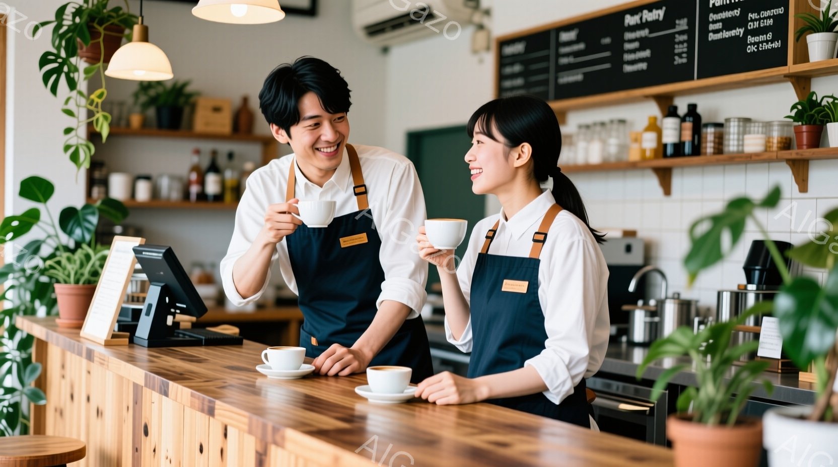 左右に一対の若いバリスタが、カフェのカウンター越しにお互いを見つめ合い、微笑んでいます。彼らは白いシャツに濃い青色のエプロンを着用し、それぞれ手に白いコーヒーカップを持っています。背景には、木製の棚にコーヒー豆や器具が並び、緑の植物が置かれ、温かみのあるカフェの雰囲気が漂っています。