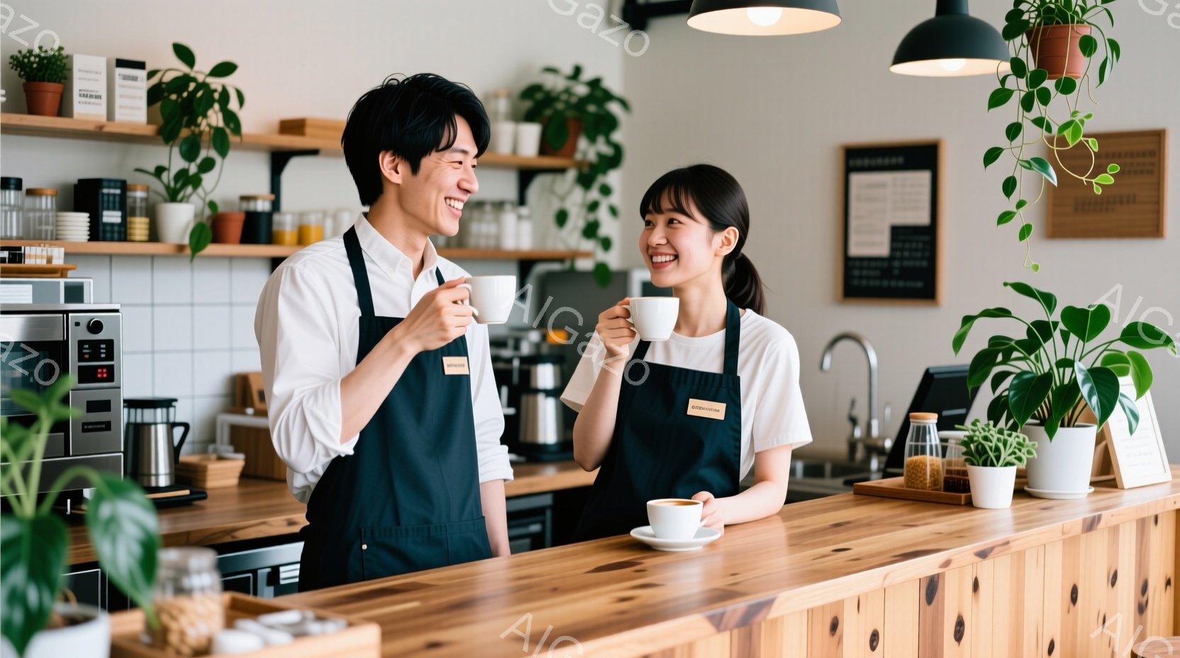 笑顔の男女がコーヒーカップを持ってカウンター越しに話している様子が写っている。二人は黒いエプロンを着用し、カジュアルな服装で、親しげな雰囲気である。背景には木製のカウンターと棚があり、様々な植物が飾ら - AI生成フリー素材