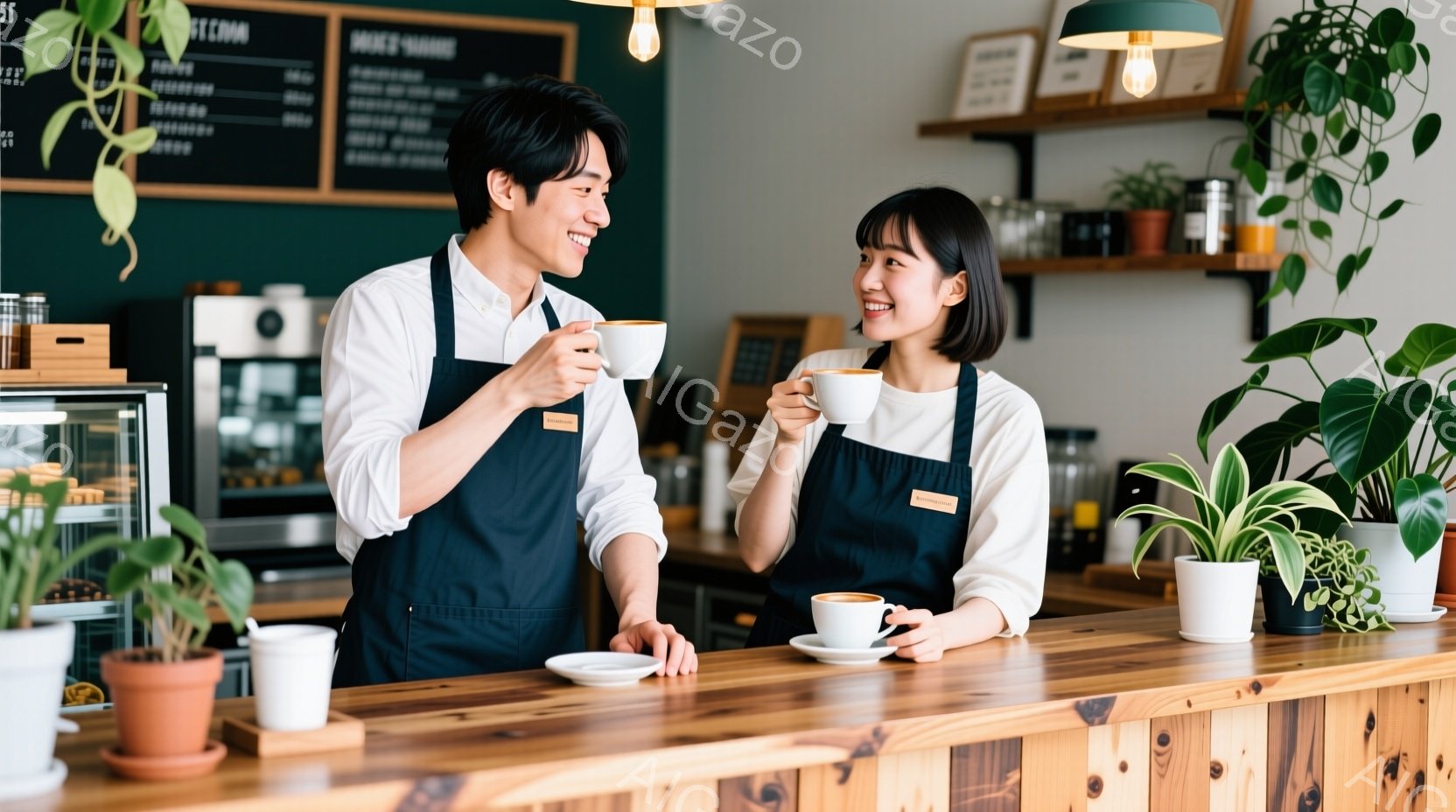 2人の若いバリスタがカフェのカウンター越しに微笑み合い、それぞれ白いカップに入ったラテを手に持っています。彼らは黒いエプロンを着ており、男性は短髪で女性は前髪を下ろしたボブヘアです。背景には黒板のメニュー、木製の棚、観葉植物が見え、明るく温かいカフェの雰囲気が漂っています。