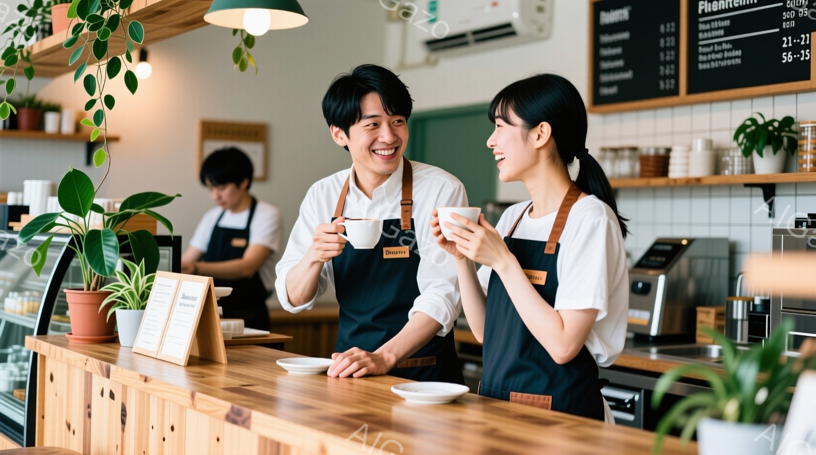 カフェのカウンターで、エプロンをつけた若い男性と女性が笑顔でコーヒーカップを持っている。男性は明るいベージュ色のシャツを着ており、女性は黒髪をポニーテールにしています。背景には他のスタッフやコーヒーカップが並んだ棚が見え、明るく温かい雰囲気のカフェであることが伺えます。