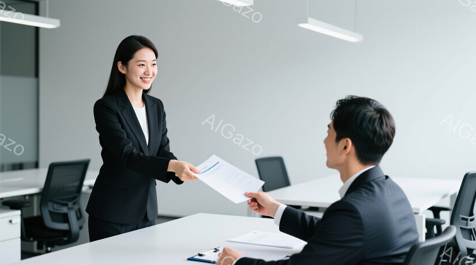 一人の女性が書類を男性に渡している場面で、女性は黒いスーツと白いシャツを着ており、明るい笑顔を浮かべている。男性は背もたれに寄りかかり、書類を受け取る姿勢で、少しだけ顔がこちら側に見えている。背景はオフィスで、白を基調とした清潔感のある空間で、他のオフィス家具や椅子が見える。