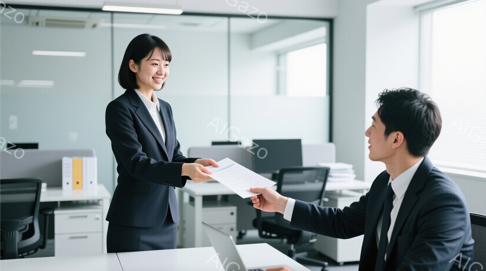 オフィスで、一人の女性が書類を男性に手渡している場面です。女性は黒いスーツを着ており、髪は後ろでまとめています。男性も同様に黒いスーツを着ており、書類を受け取るために手を伸ばしています。 - AI生成フリー素材