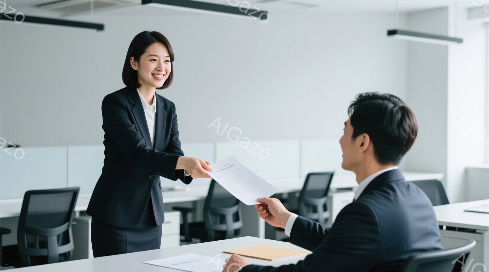 女性は黒いスーツ姿で、笑顔で書類を男性に手渡している。男性もまた黒いスーツを着ており、書類を受け取る姿勢をとっている。背景はオフィスで、白を基調とした清潔感のある空間が広がっており、全体的に明るく、プ - AI生成フリー素材