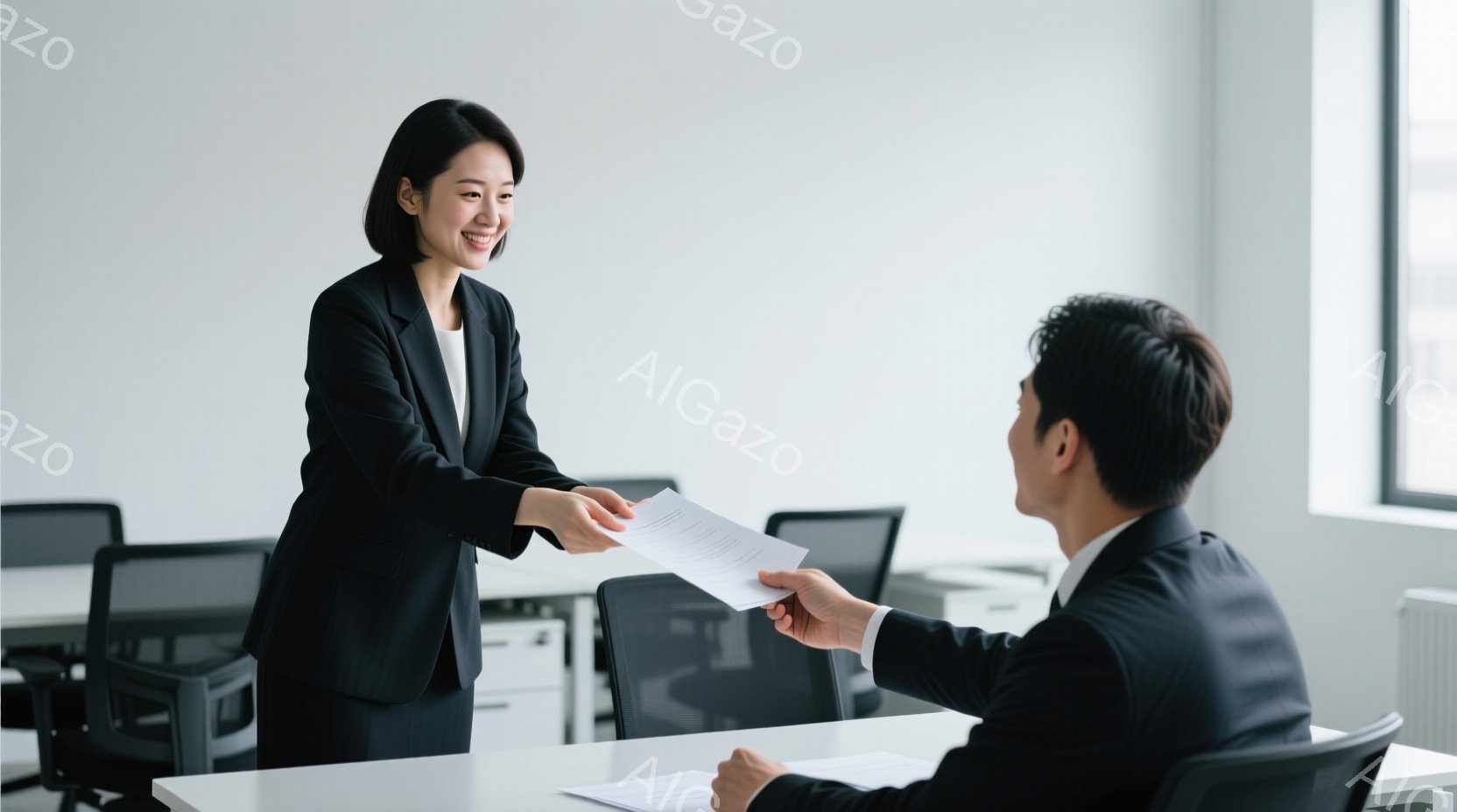 一人の女性が書類を男性に渡している場面だ。女性は黒いスーツを着ており、髪は後ろにまとめて、笑顔を見せている。男性もまた黒いスーツを着ており、受け取る姿勢で前かがみになっている。