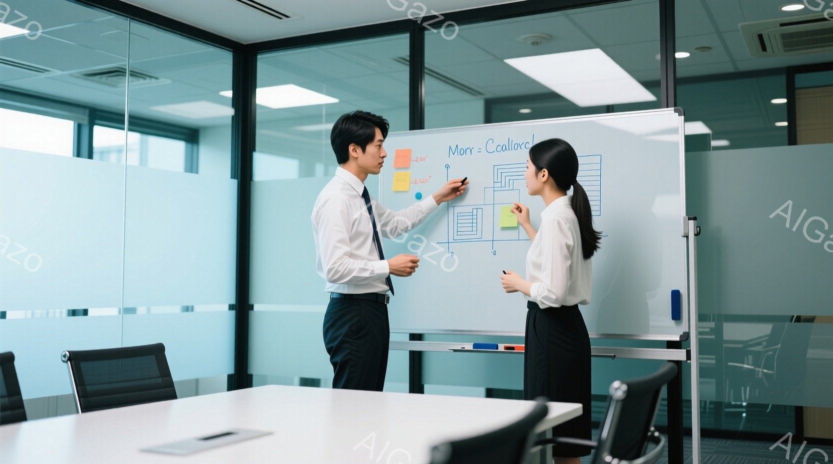 ビジネスウーマンとビジネスマンが、オフィス内のホワイトボードの前で立っている。男性はスーツにネクタイ姿で、ホワイトボード上の図を指し示し、女性は白いシャツに黒いスカート姿で、ペンを手にホワイトボードを - AI生成フリー素材