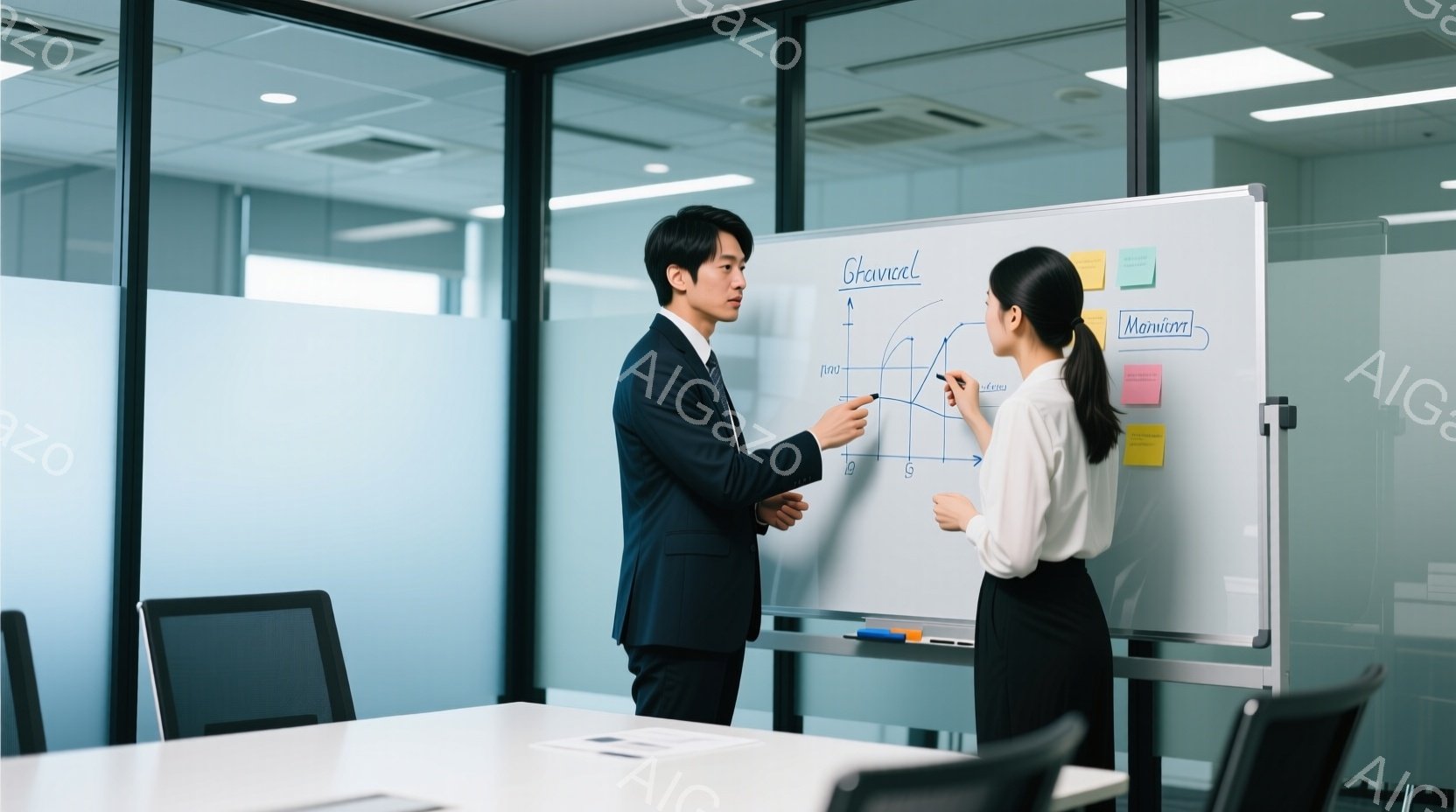 スーツ姿の男性と女性がホワイトボードの前で議論している様子が写っています。男性は左手を挙げてグラフを指し示し、女性は右手を腰に当てて少し微笑んでいます。背景には会議室の椅子と窓があり、ビジネスライクで - AI生成フリー素材
