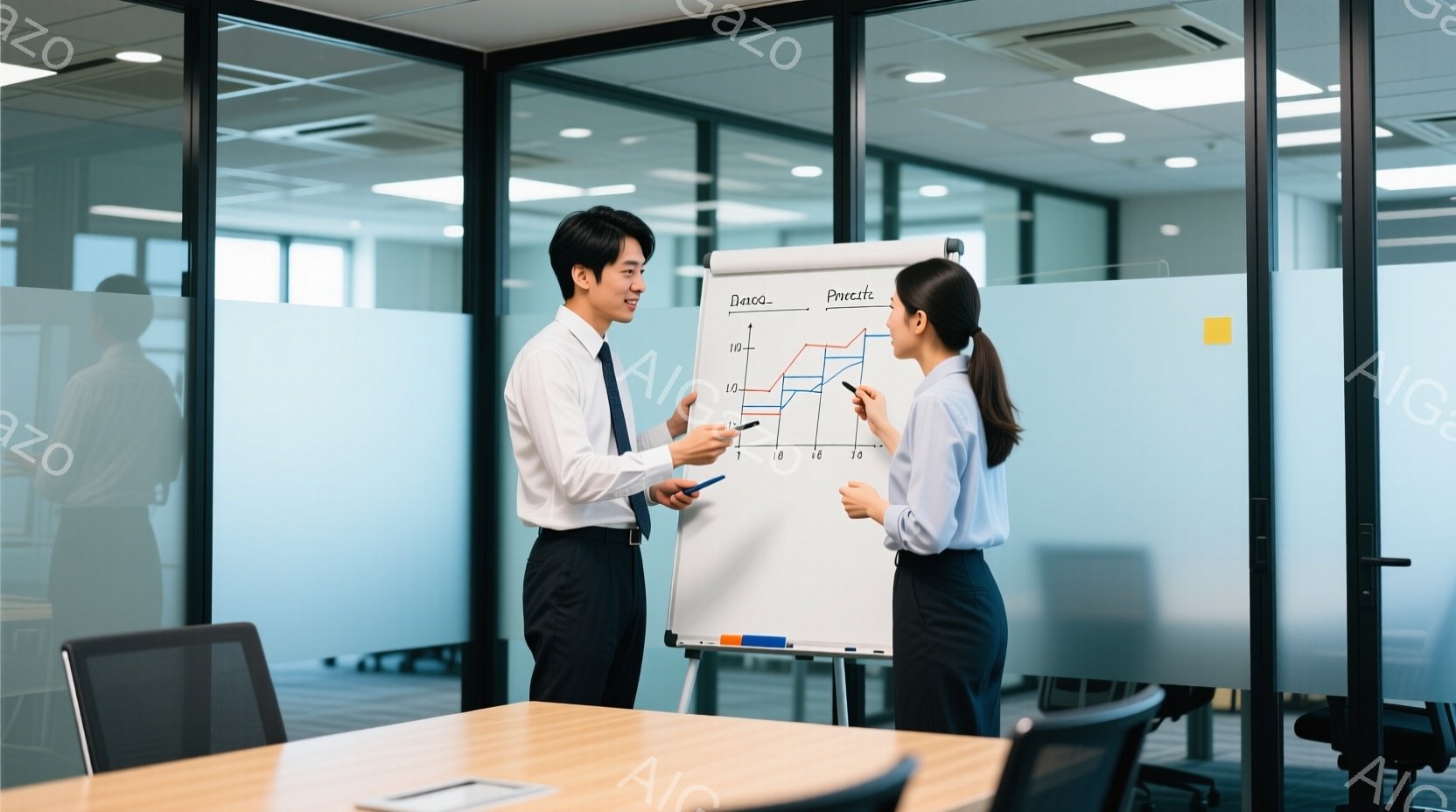 ビジネスシーンで、若い男性と女性がホワイトボードの前で立っている。男性は白いシャツに濃い色のパンツ、女性は濃い色のスーツを着ており、どちらも真剣な表情でホワイトボードに書かれたグラフを指している。背景にはオフィスらしき空間が広がり、明るい光が差し込み、全体的に清潔感があり、活気のある雰囲気である。