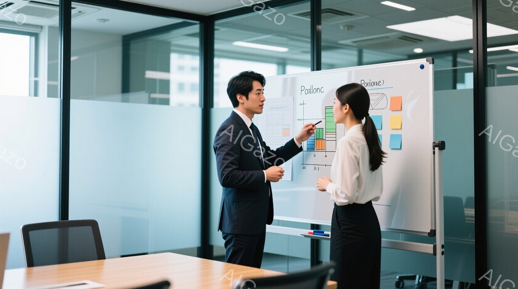 ビジネスマンと女性がホワイトボードの前で議論している様子が写っている。ビジネスマンは紺色のスーツを着用し、髪を短く整え、ホワイトボードのグラフを指し示している。女性は白いブラウスに黒いパンツを着用し、 - AI生成フリー素材