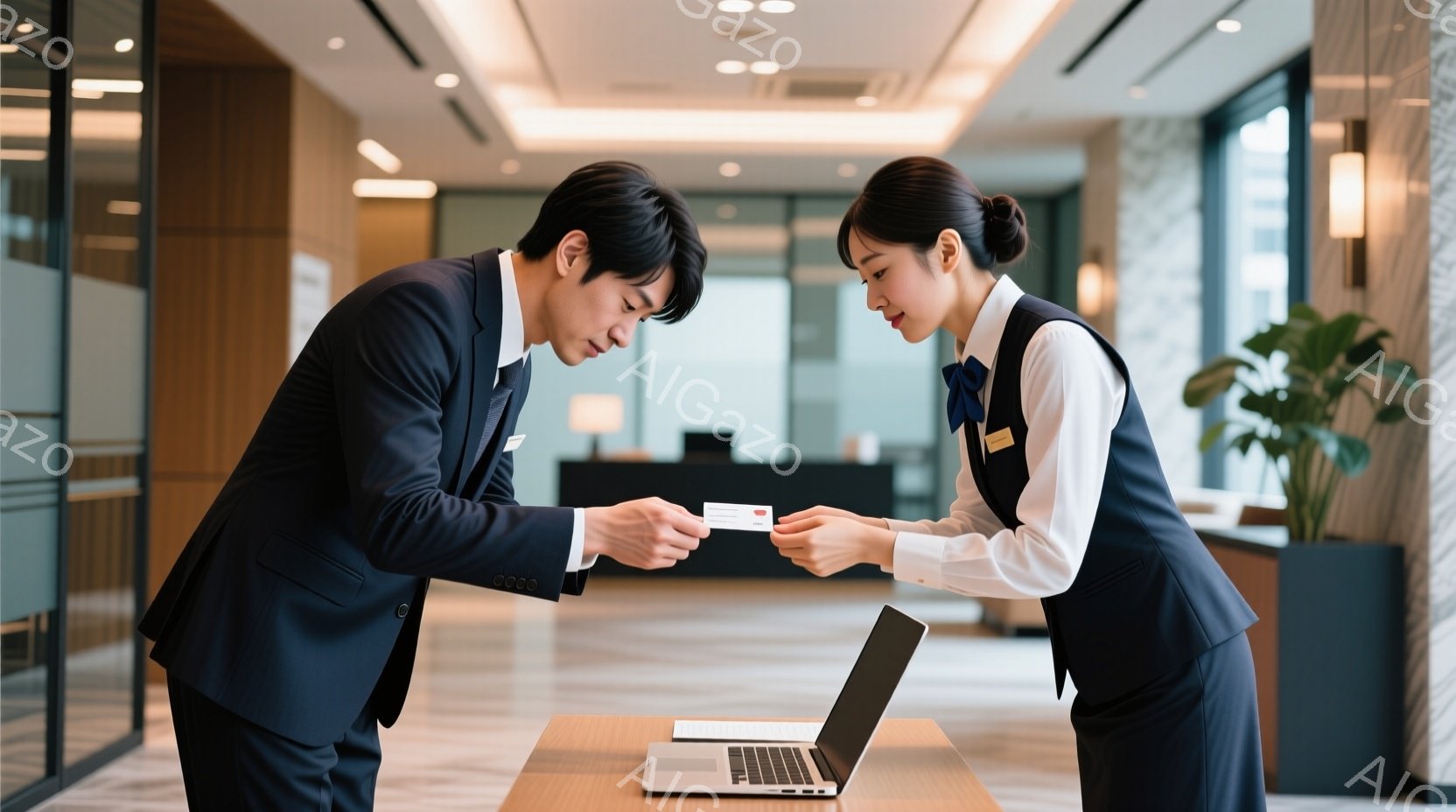 一人の男性と女性が受付カウンターの前で対面している。男性は紺色のスーツを着ており、女性は白のシャツと黒のスカート、ベスト姿で、両者とも丁寧な表情で何かを交換しているようだ。背景には、洗練されたデザインのロビーと、植物が配置された空間が見え、全体的に上品で落ち着いた雰囲気が漂っている。