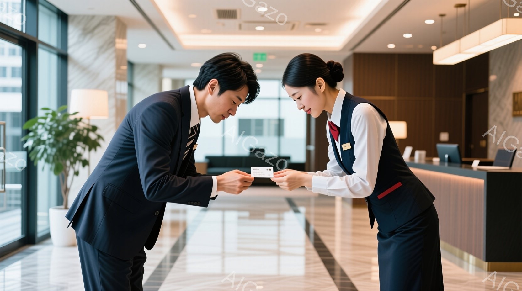 スーツを着た男性と紺色の制服を着た女性が、お互いに名刺を交換している場面です。男性は黒髪で、やや前かがみになり、丁寧に名刺を渡しています。背景には明るい光が差し込むロビーがあり、白とグレーの大理石の床 - AI生成フリー素材