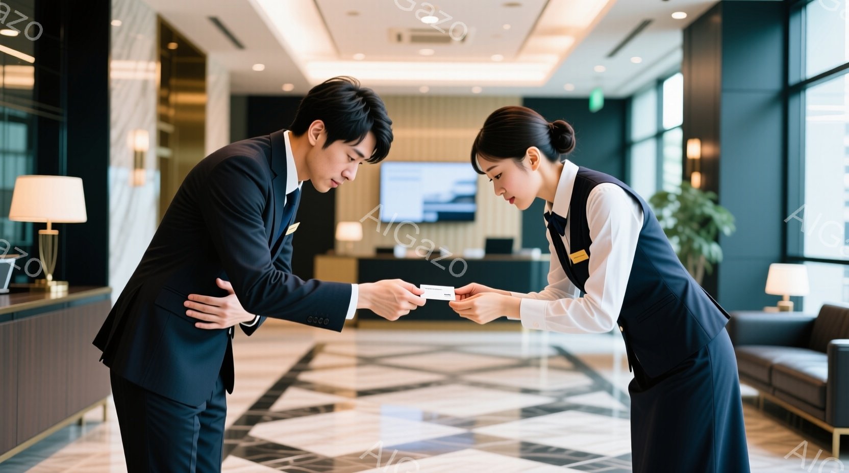 スーツ姿の男性が、ホテルのフロントで女性スタッフから名刺を受け取っています。女性は紺色の制服を着ており、髪を後ろでまとめ、丁寧な姿勢で名刺を差し出しています。背景には、磨かれた大理石の床とモダンなロビー、そして薄い緑色のアクセントの壁が見え、洗練された落ち着いた雰囲気です。