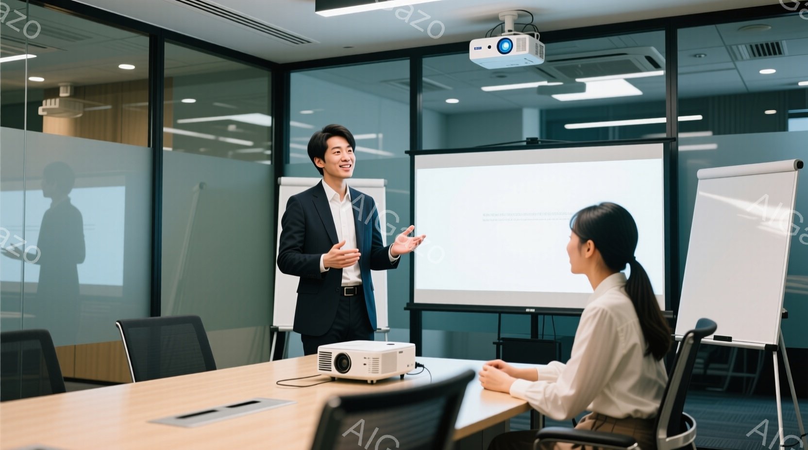 一人の男性がプレゼンテーションを行っており、明るい色のシャツにネイビーのジャケットを着用し、両手を広げて熱心に話しています。対面には、後ろ姿の女性が座っており、ベージュ系のシャツを着ています。背景は、大きな窓と白いボードがあり、清潔感のある会議室の様子で、全体的に明るく活気のある雰囲気です。
