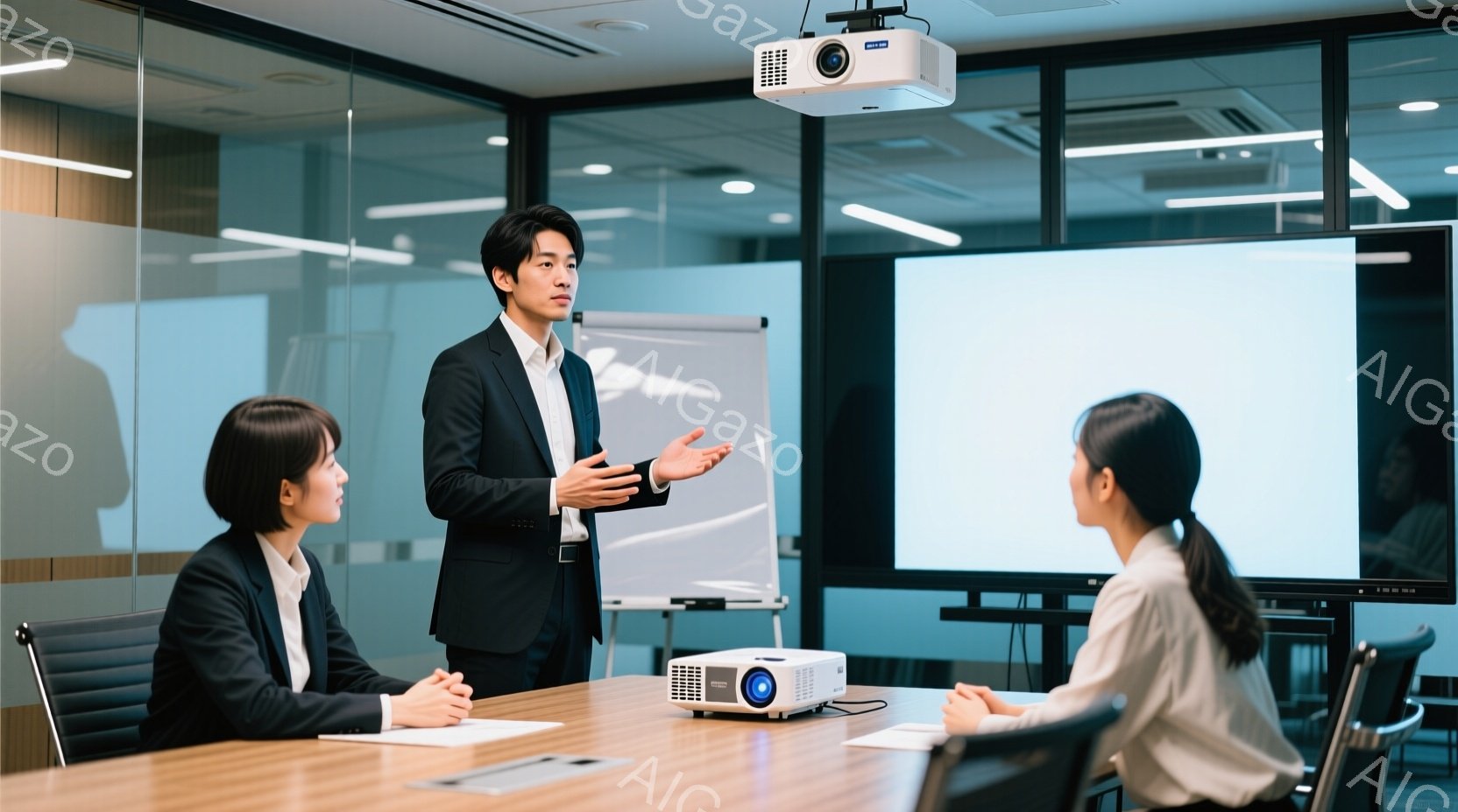 会議室で、一人の男性がプレゼンテーションをしている様子が写っています。男性は黒いスーツを着ており、片手を広げて何かを説明しているようです。二人の女性はテーブルを挟んで座っており、真剣な表情で男性の話を - AI生成フリー素材