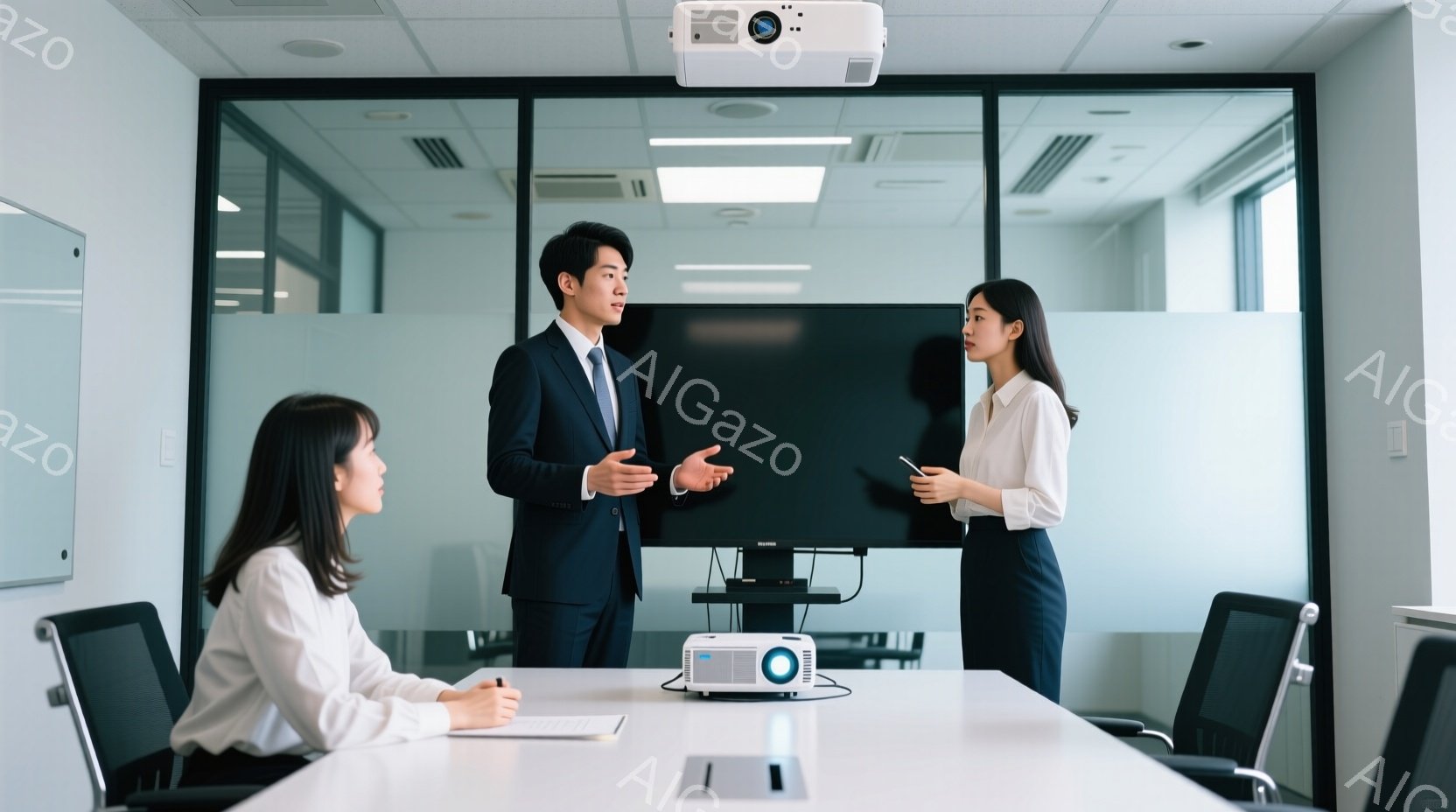 会議室で、一人の男性と二人の女性がビジネスシーンを演出している。男性はダークスーツを着用し、片手を広げて何かを説明している様子で、女性たちはそれぞれ白いシャツにスカートまたはパンツを着用し、真剣な表情で彼を見つめている。背景にはプロジェクターとスクリーンがあり、全体的に落ち着いた雰囲気で、企業内でのプレゼンテーションや会議が行われている場面だと考えられる。