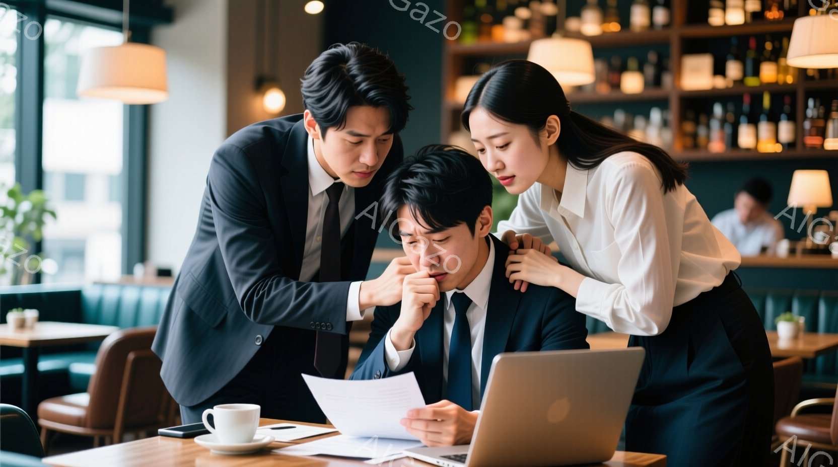 3人のビジネスパーソンがテーブルを囲んでおり、中心の男性は書類とノートパソコンを見つめ、困惑した表情を浮かべている。他の2人は彼の肩に手を置き、書類を指しながら何かを説明しているようだ。背景には、おしゃれなカフェのような空間で、ワインボトルが並んだ棚や、他の客の姿が見える。