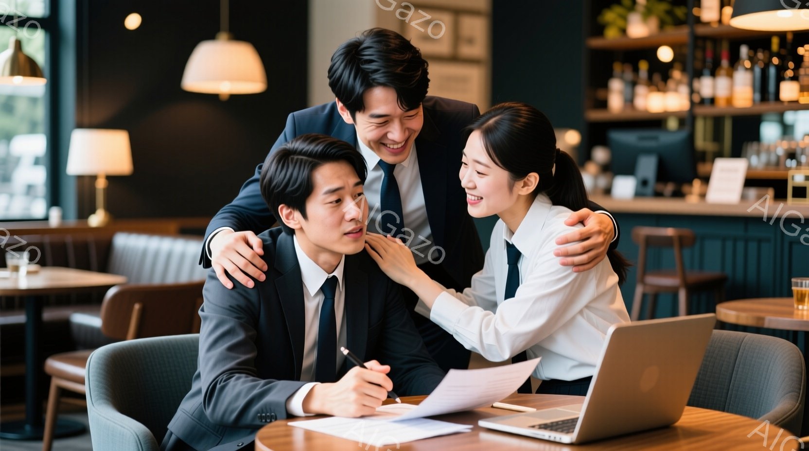 カフェのような場所で、スーツを着た若い男女が写っています。男性は紺色のスーツで、髪は短く整えられ、書類にペンで何か書き込んでいるようです。女性は白いシャツにネクタイ、紺色のジャケットを着ており、男性の肩に腕を回し、笑顔を見せています。