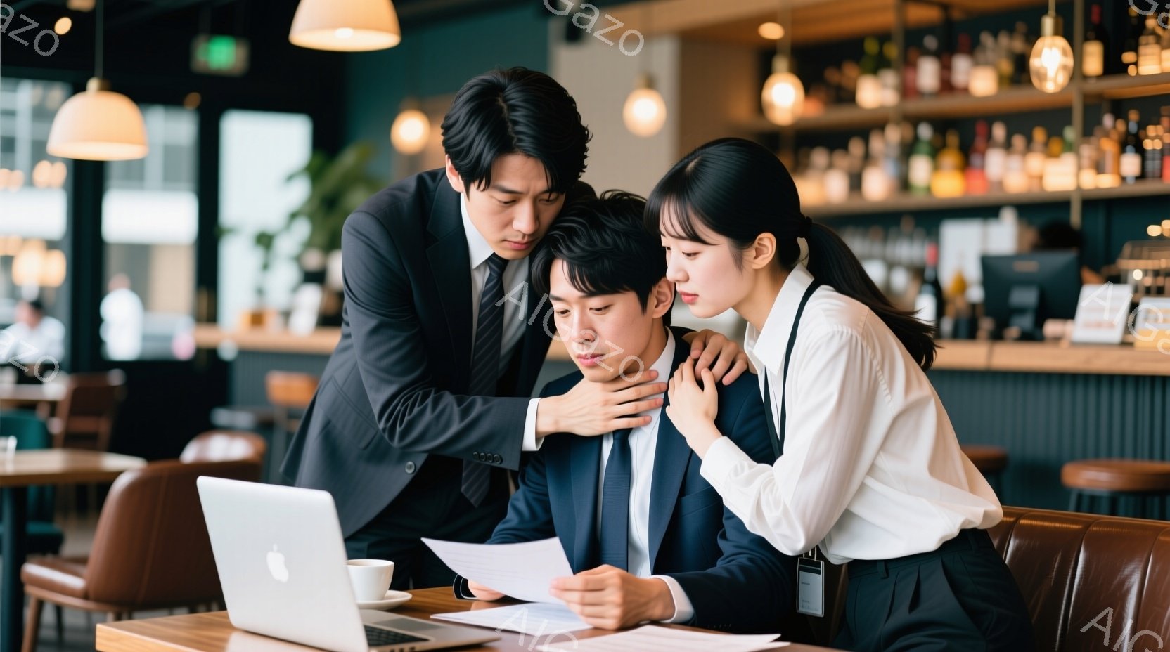 ビジネススーツを着た男女がカフェで向かい合って座っており、それぞれコーヒーカップを持っている。男性は濃い色のスーツで、短髪で真剣な表情をしている。女性は白いシャツに黒いパンツ、髪は後ろで一つにまとめら - AI生成フリー素材
