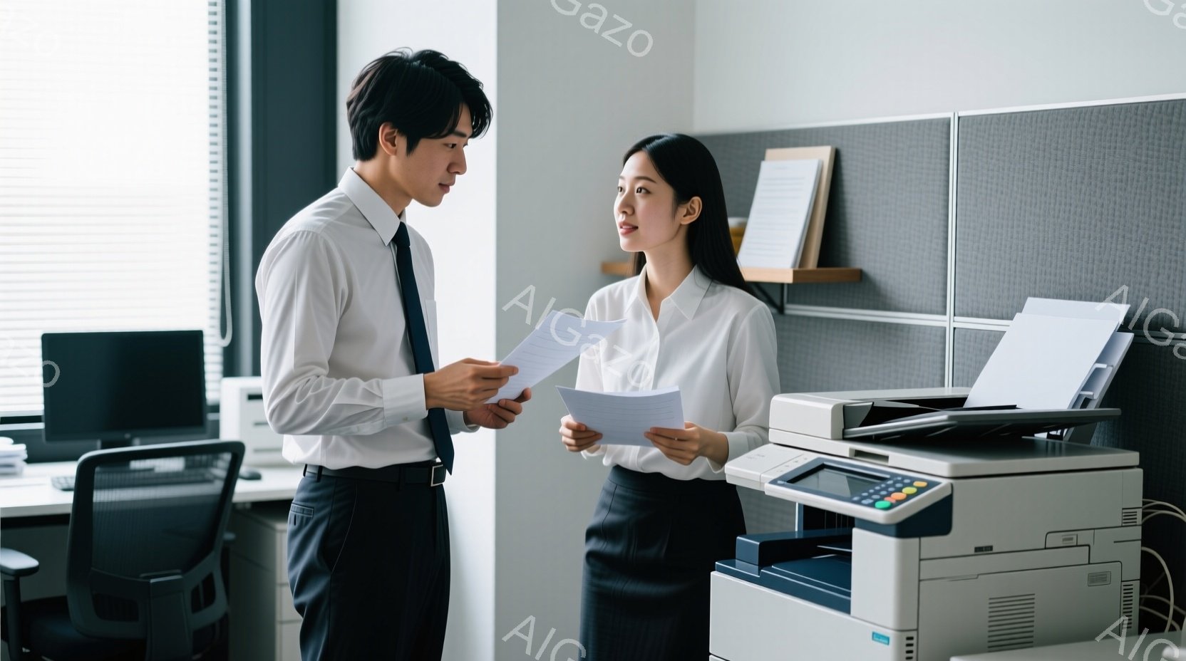 オフィスで、一人の男性と一人の女性が書類を見ながら話しています。男性は白いシャツに黒いズボン、女性は白いシャツに黒いスカートを着ており、二人とも真剣な表情で書類を手に持っています。背景にはコピー機やオフィス家具が見え、オフィス内の穏やかな雰囲気が伝わってきます。