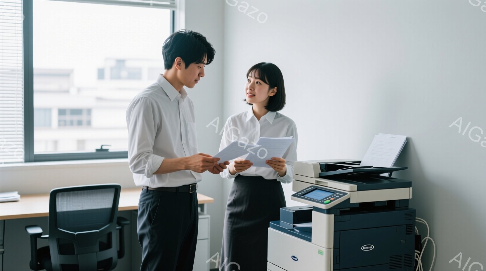 オフィスでコピー機を前にした若い男性と女性が写っています。男性は白いシャツに黒いズボンを着用し、何か書類を見ながら女性に話しかけています。女性は白いブラウスに黒いスカートを着用し、書類を手に少し微笑んでいます。